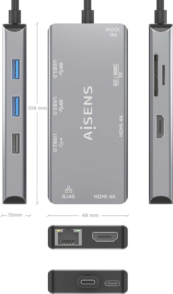 AISENS ASUC-9P018-GR USB-C Dock Grijs