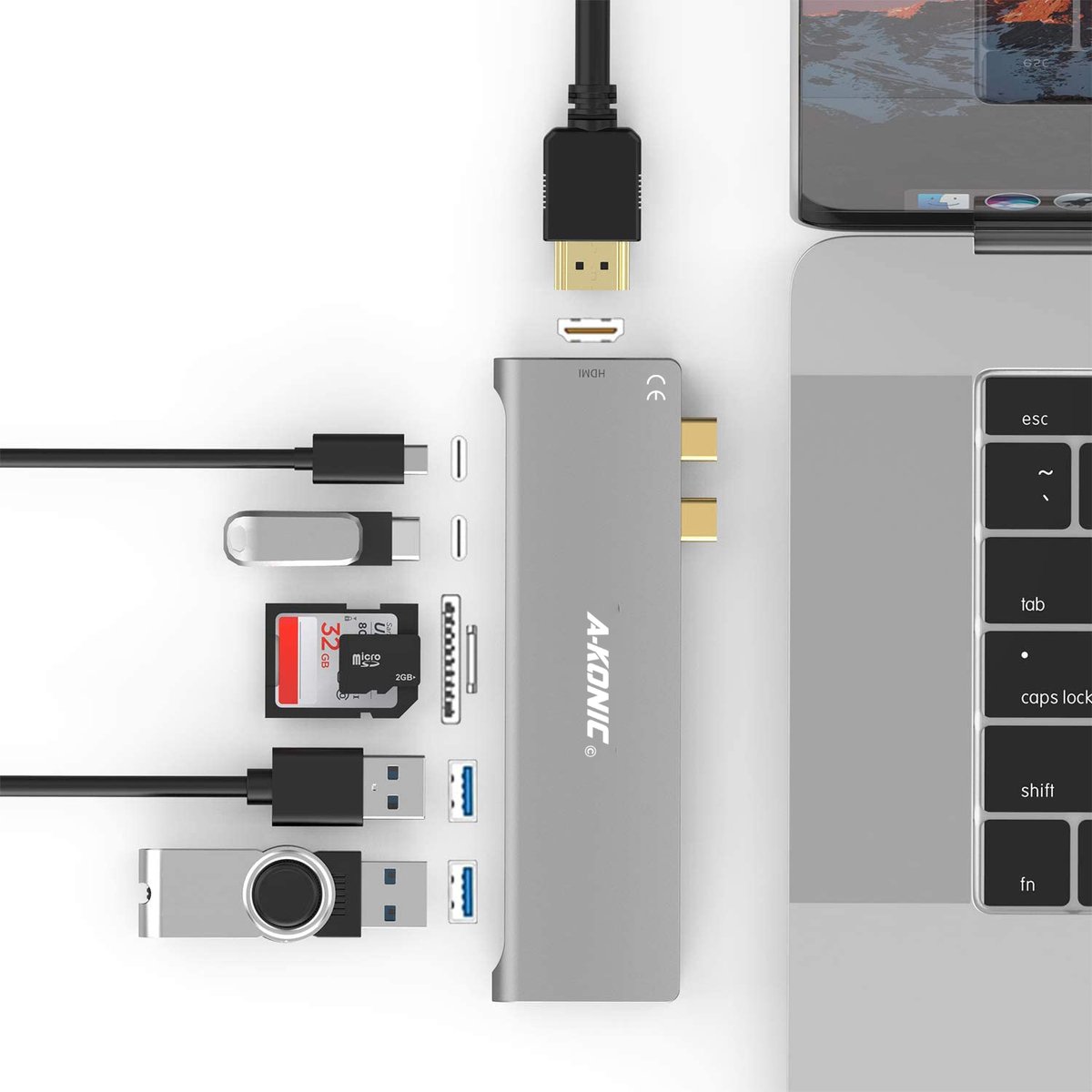 Akonic USB-C 7-in-2 Docking Station Thunderbolt 3 Spacegrijs