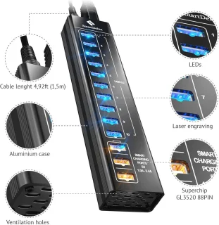 Aluminium USB-hub 13-poorts - Zwart