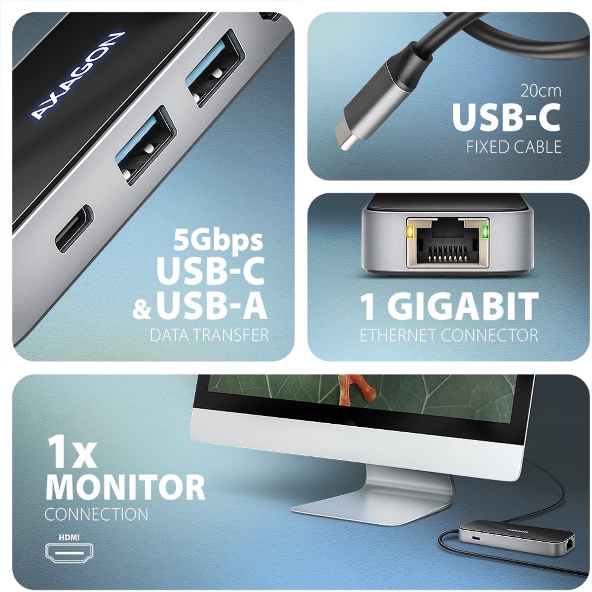 AXAGON HMC-6GLN USB hub 5Gbps USB-A USB-C HDMI RJ-45 PD 100W