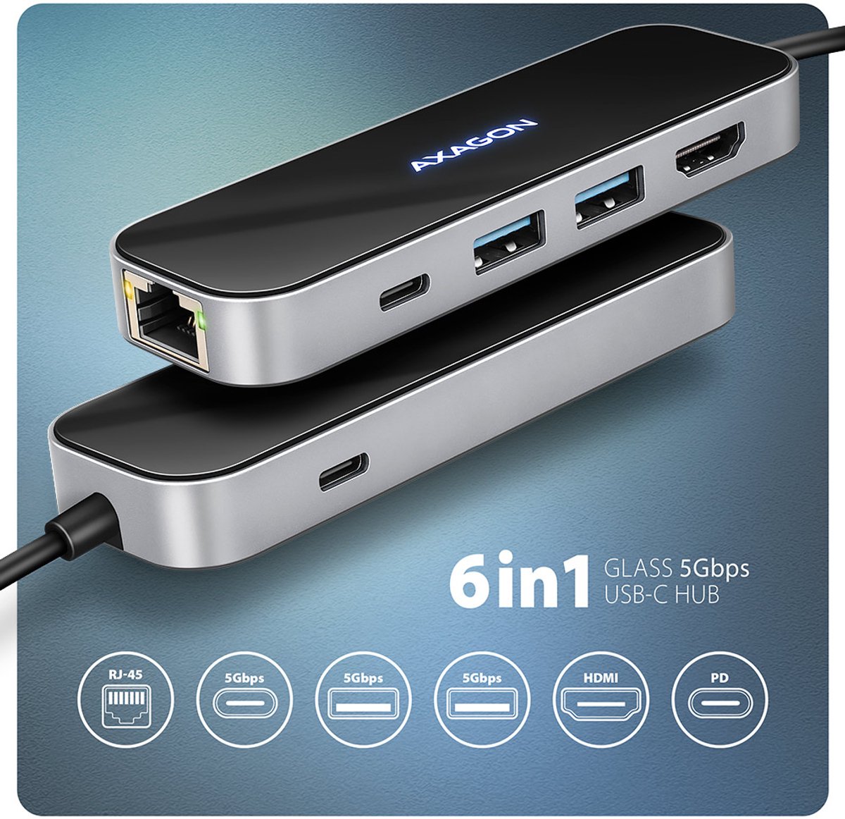 AXAGON HMC-6GLN USB hub 5Gbps USB-A USB-C HDMI RJ-45 PD 100W