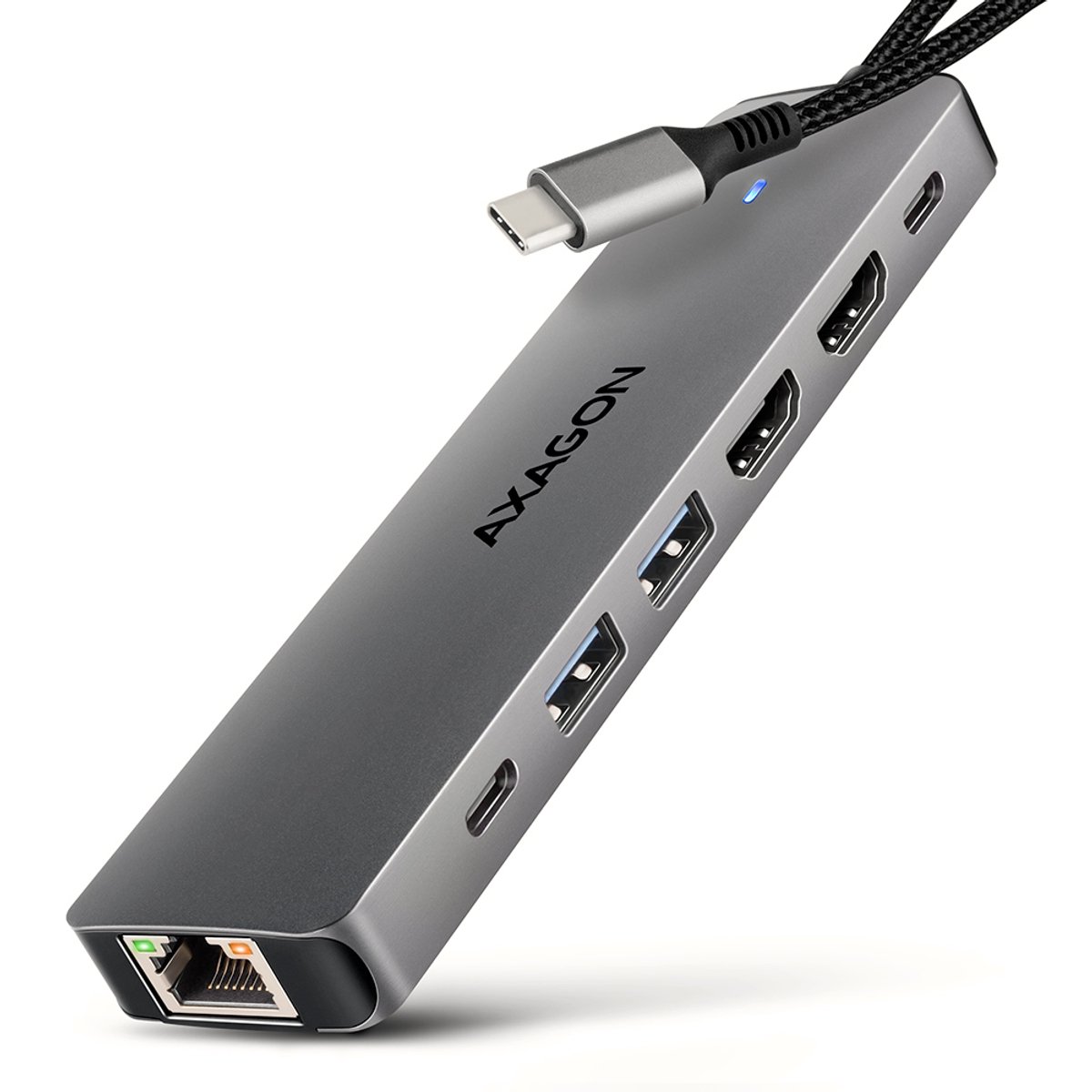 De AXAGON HMC-7HX2 USB 5Gbps Hub USB-A USB-C HDMI RJ-45 PD in één oogopslag