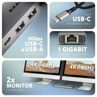 AXAGON HMC-7HX2 USB 5Gbps Hub USB-A USB-C HDMI RJ-45 PD