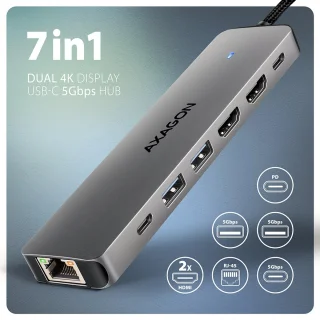 AXAGON HMC-7HX2 USB 5Gbps Hub USB-A USB-C HDMI RJ-45 PD