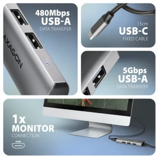 Axagon HMC-H3A USB-C Laptop Dock Zilver