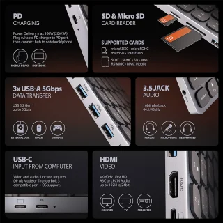 Axagon HMC-KB-US Laptop Dock USB Type-C Grijs