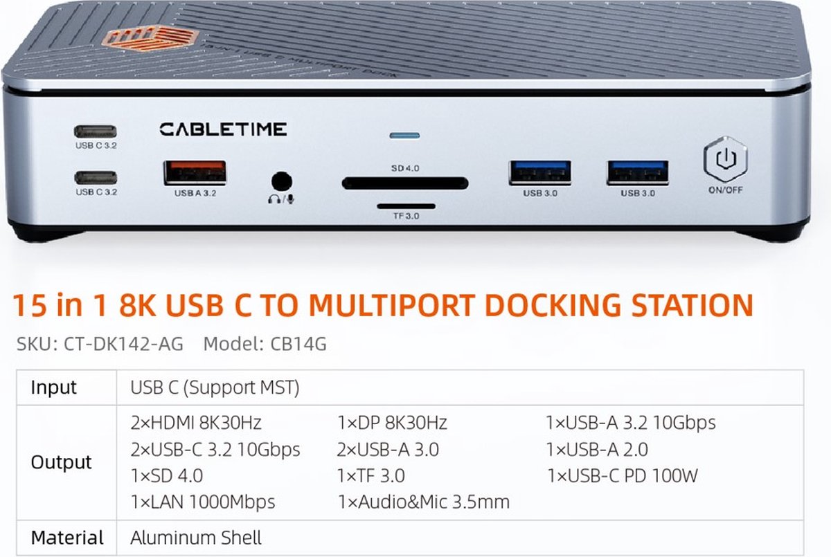 Cabletime 15-in-1 USB-C 8K Docking Station