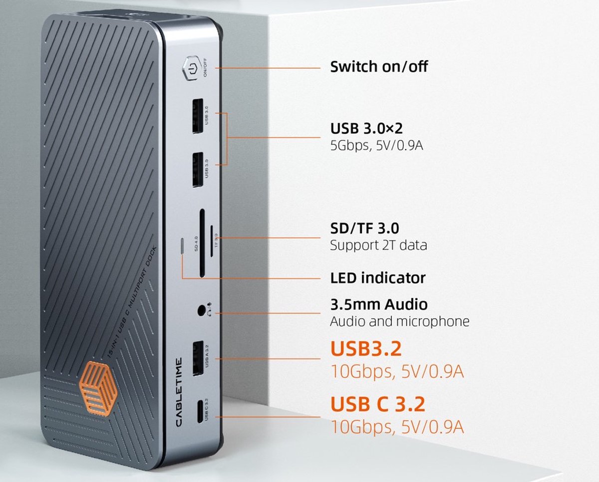 Cabletime 15-in-1 USB-C 8K Docking Station