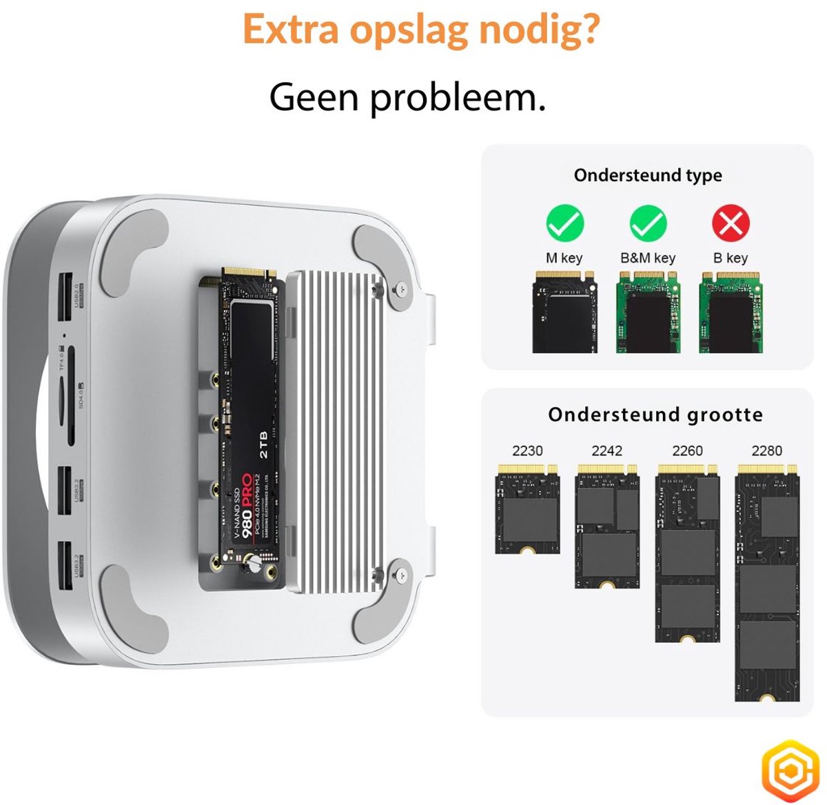 Casecentive Aluminium 7-in-1 Dockingstation voor Mac Mini M4/M4 Pro - Zilver