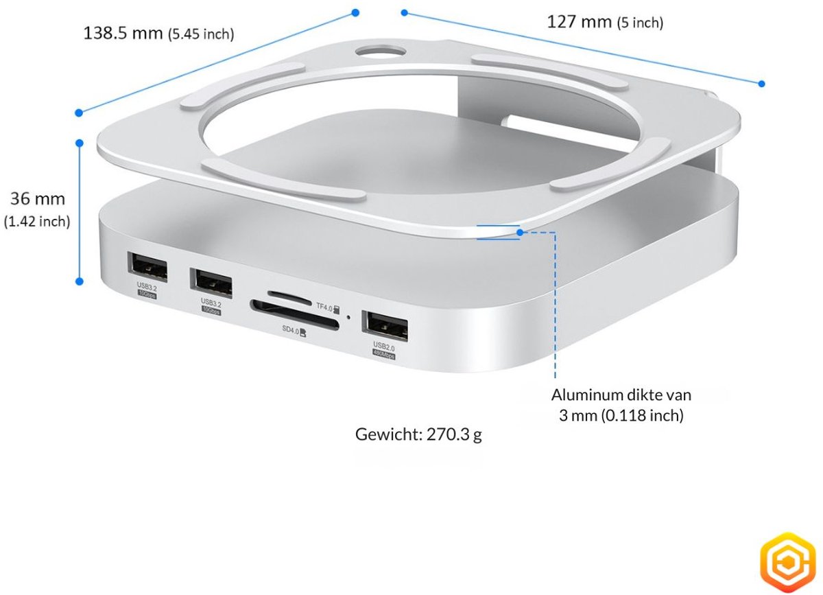 Casecentive Aluminium 7-in-1 Dockingstation voor Mac Mini M4/M4 Pro - Zilver