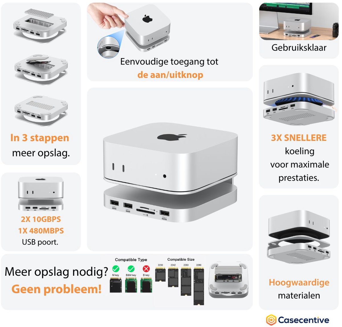 Casecentive Aluminium 7-in-1 Dockingstation voor Mac Mini M4/M4 Pro - Zilver