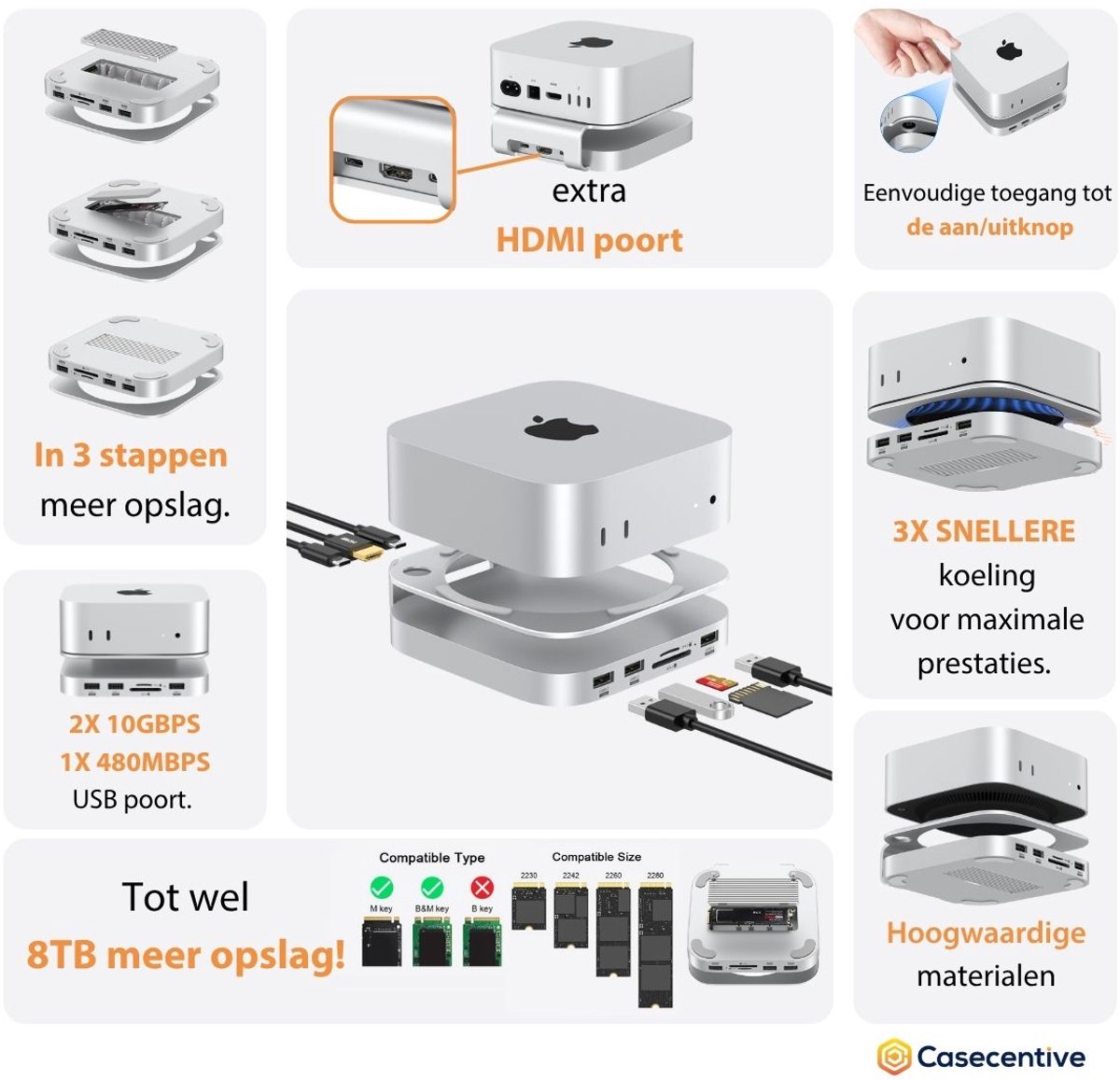Casecentive Aluminium 8-in-1 Dockingstation voor Mac Mini M4/M4 Pro Zilver