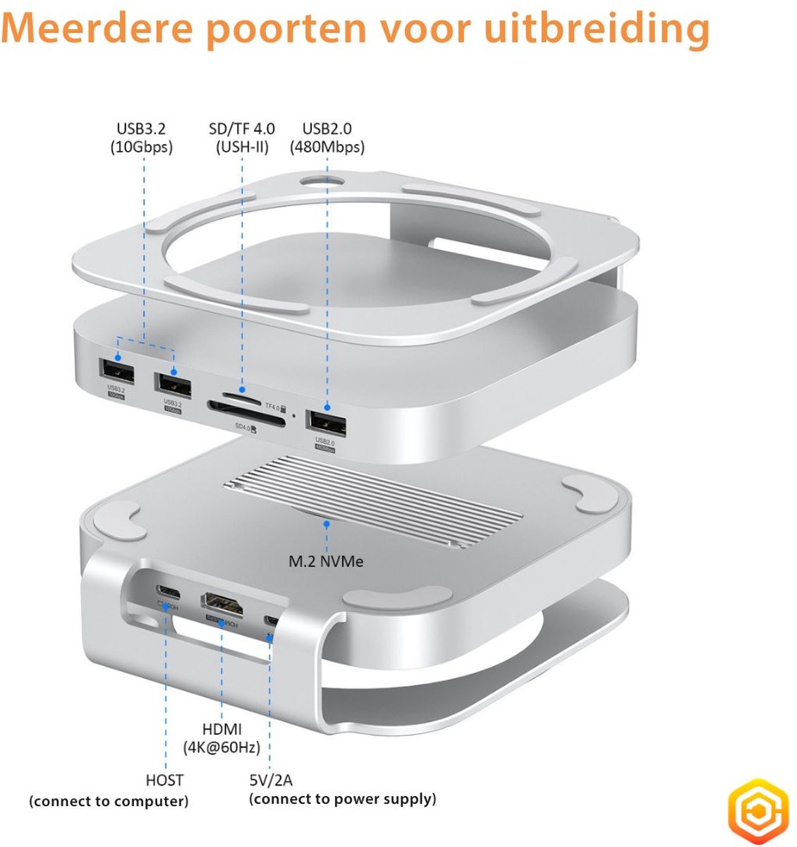 Casecentive Aluminium 8-in-1 Dockingstation voor Mac Mini M4/M4 Pro Zilver