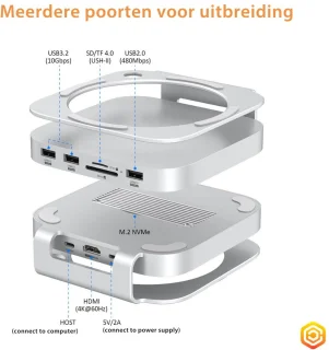 Casecentive Aluminium 8-in-1 Dockingstation voor Mac Mini M4/M4 Pro Zilver