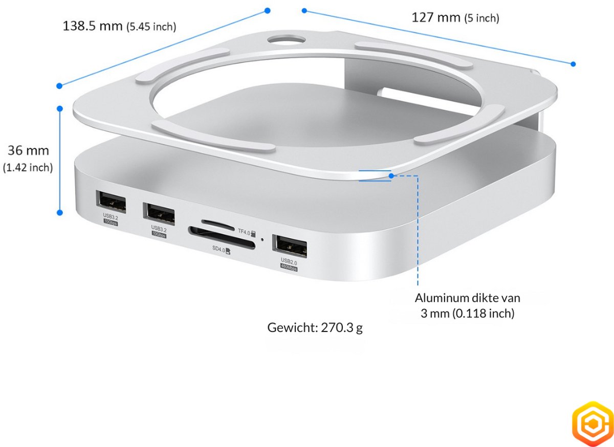 Casecentive Aluminium 8-in-1 Dockingstation voor Mac Mini M4/M4 Pro Zilver