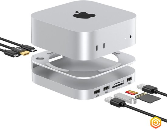 Casecentive Aluminium 8-in-1 Dockingstation voor Mac Mini M4/M4 Pro Zilver
