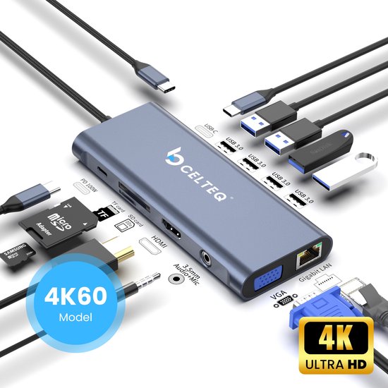 CELTEQ 12‑in‑1 USB‑C Hubmaster — veelzijdige connectiviteit in één hub