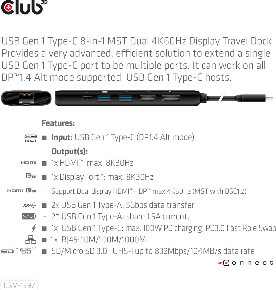 Club 3D USB-C 3.2 Gen 1 Travel Dock 8-in-1 MST Dual 4K60Hz