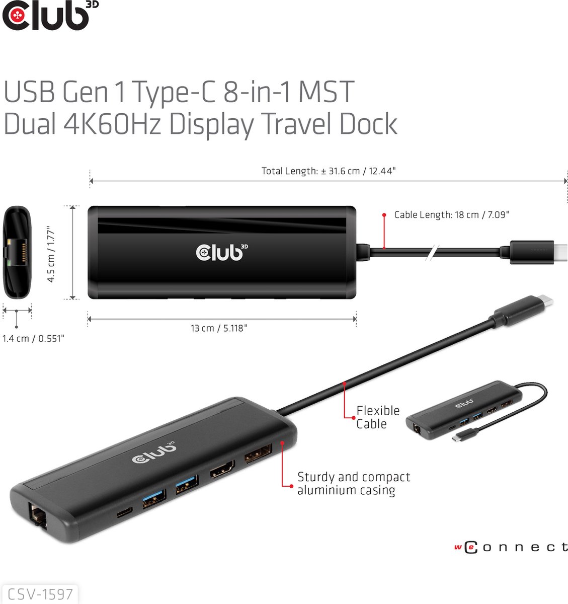 Club 3D USB-C 3.2 Gen 1 Travel Dock 8-in-1 MST Dual 4K60Hz