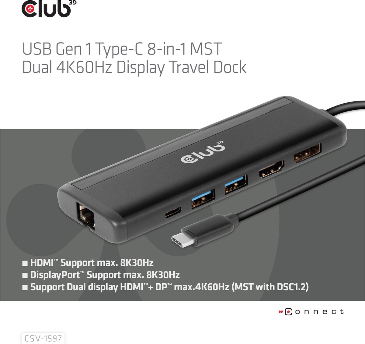 Club 3D USB-C 3.2 Gen 1 Travel Dock 8-in-1 MST Dual 4K60Hz