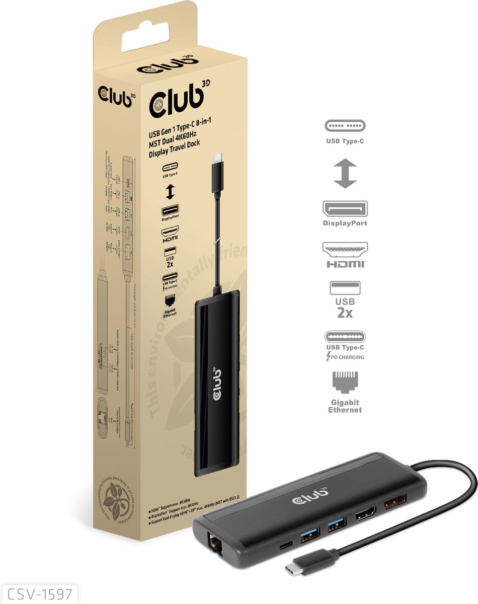Club 3D USB-C 3.2 Gen 1 Travel Dock 8-in-1 MST Dual 4K60Hz