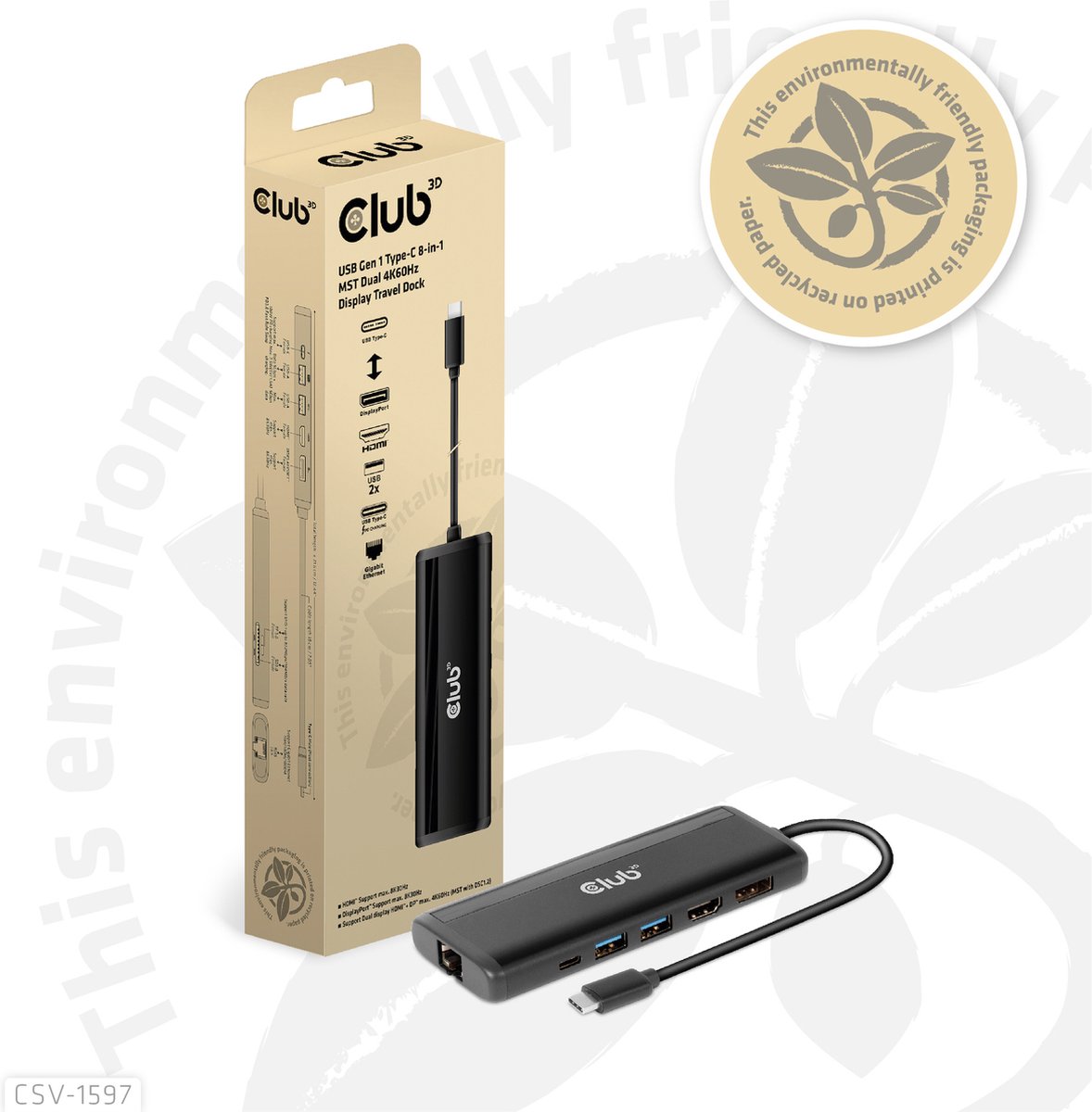 Club 3D USB-C 3.2 Gen 1 Travel Dock 8-in-1 MST Dual 4K60Hz