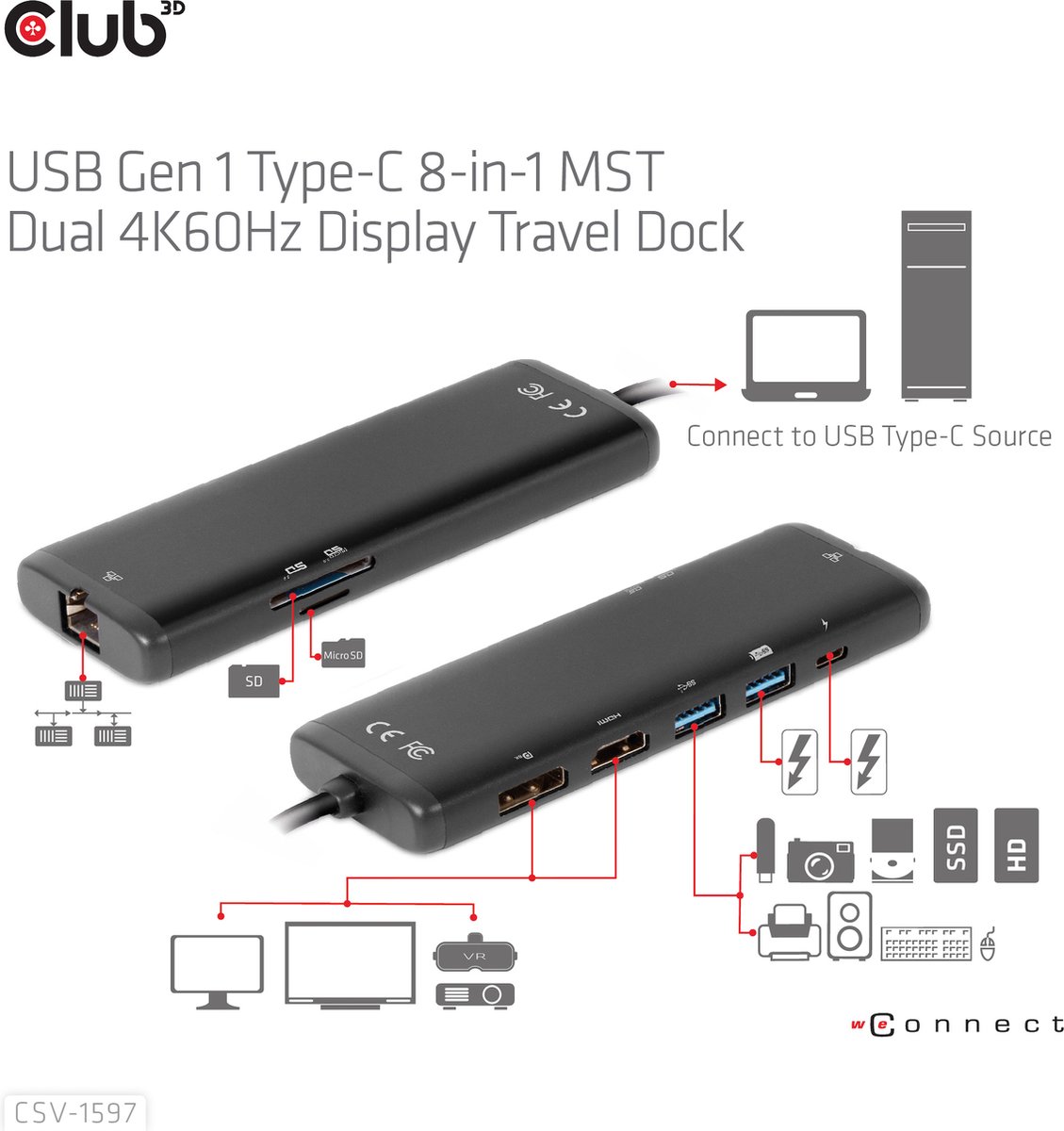 Club 3D USB-C 3.2 Gen 1 Travel Dock 8-in-1 MST Dual 4K60Hz