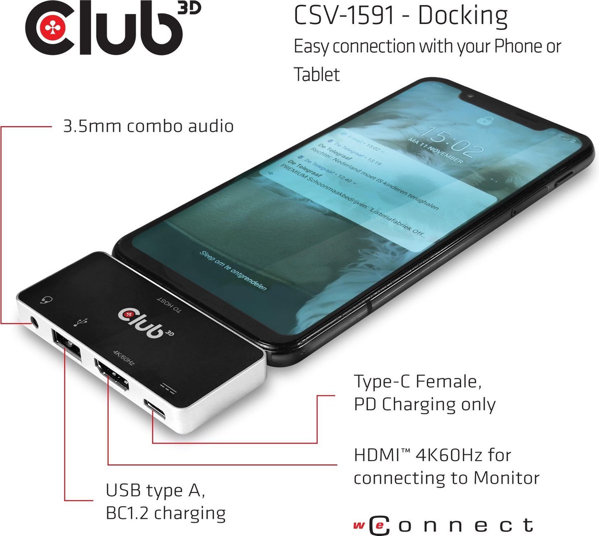 CLUB3D CSV-1591 USB-C Docking Station Zwart Chroom