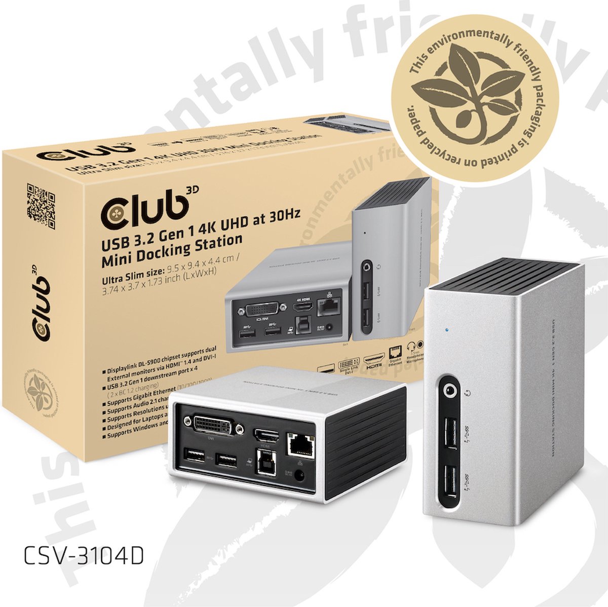 CLUB3D UNIVERSEEL Mini DisplayLink Docking Station USB 3.2 Gen 1
