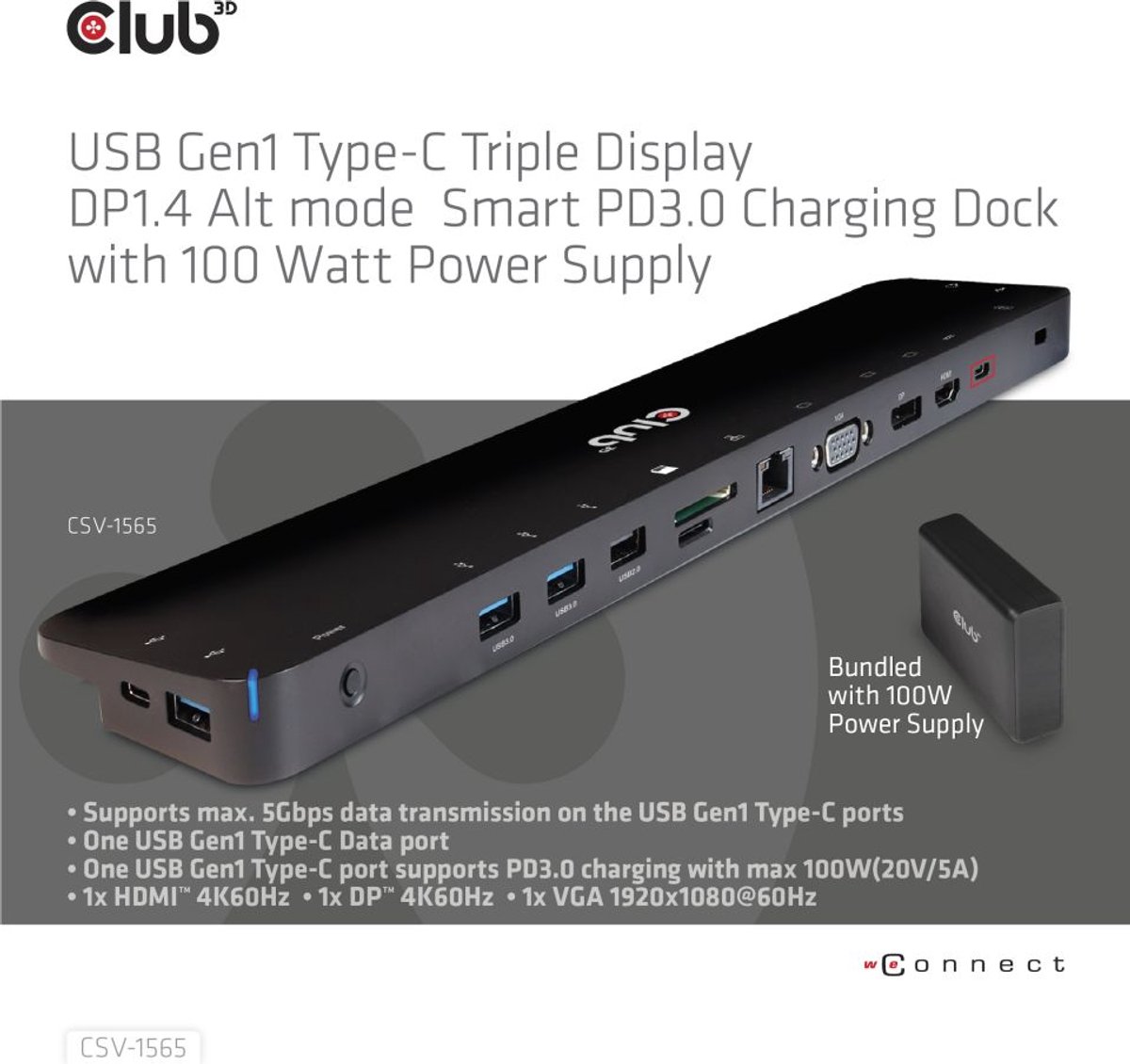 CLUB3D USB Gen1 Type-C Triple Display Dock PD3.0 100W