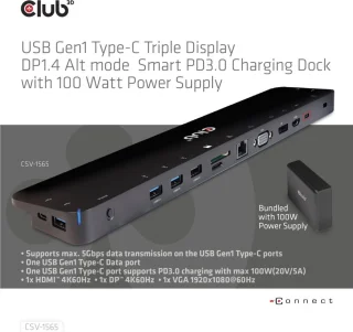 CLUB3D USB Gen1 Type-C Triple Display Dock PD3.0 100W