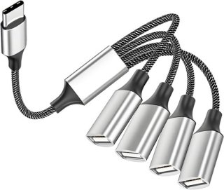 Compacte USB-C naar 4× USB-A splitter — handig, stevig en draagbaar