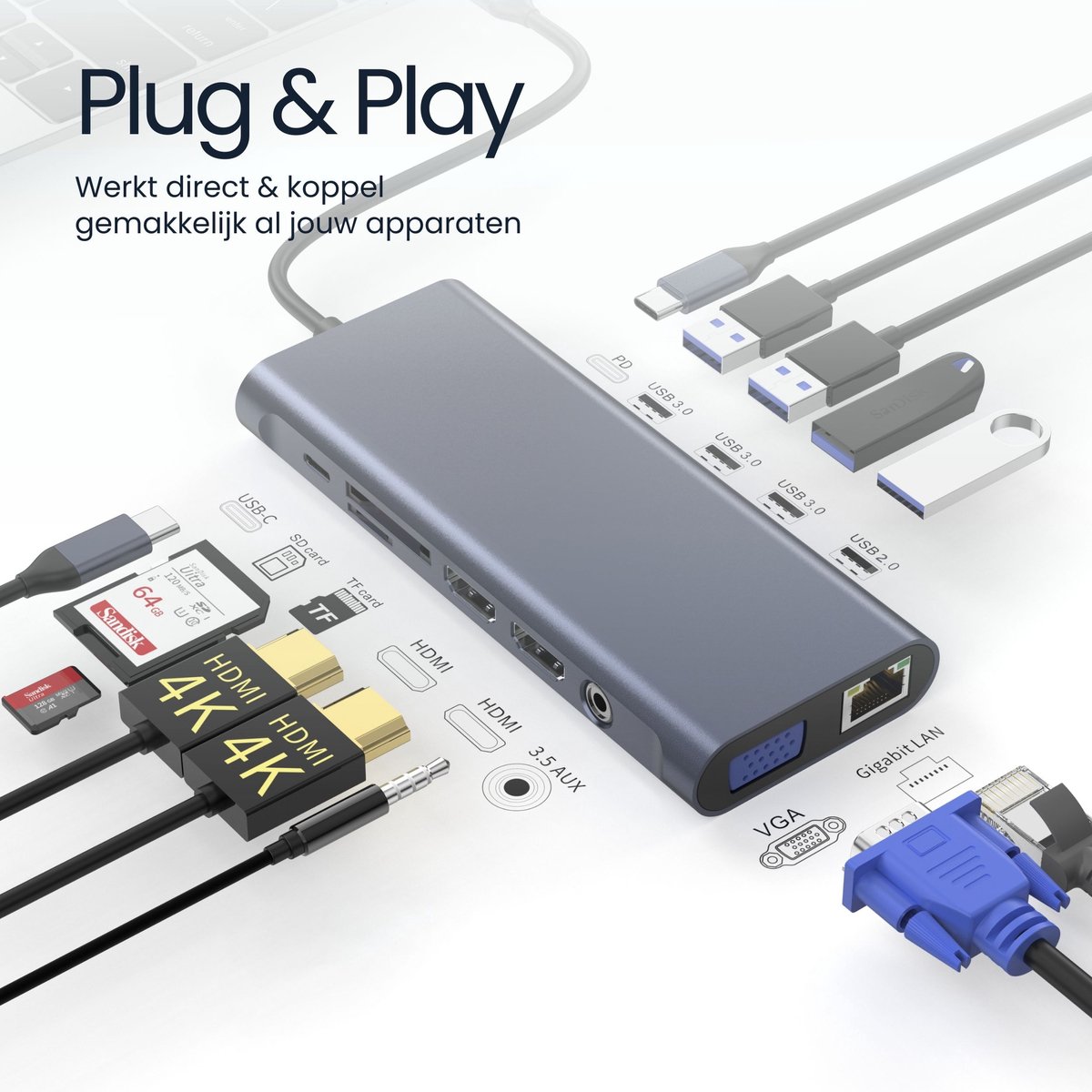 DirectGoods 13-in-1 USB-C Hub Docking Station Spacegrey