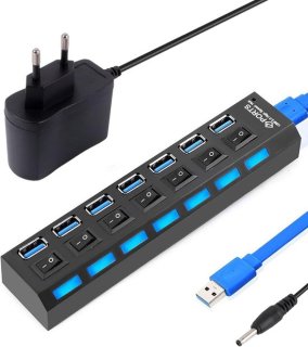 Compacte 7-poorts USB-hub met individuele schakelaars en externe voeding