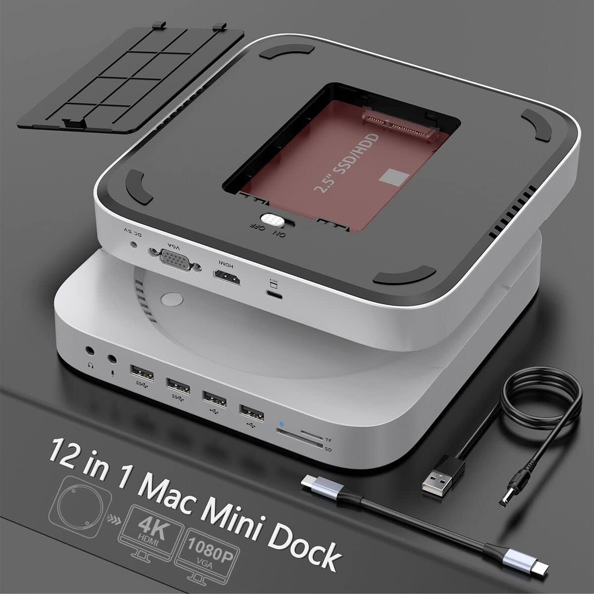DrPhone MH483 USB C Docking Station met 2.5 inch HDD/SSD Behuizing Zilver