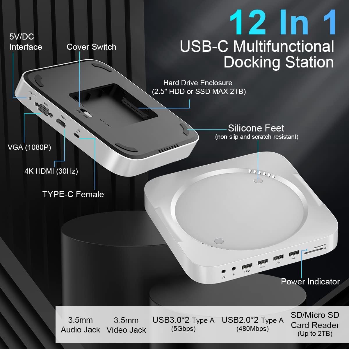 DrPhone MH483 USB C Docking Station met 2.5 inch HDD/SSD Behuizing Zilver