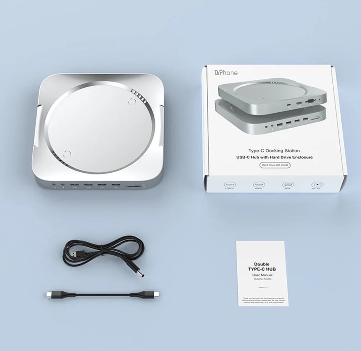 DrPhone MH483 USB C Docking Station met 2.5 inch HDD/SSD Behuizing Zilver