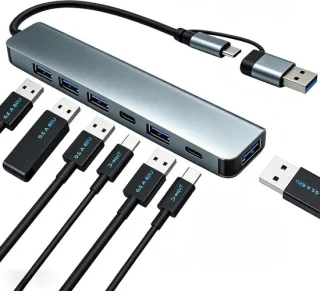 Dubbele usb-hub, usb-c-adapterhub, 7 poorten, grijs
