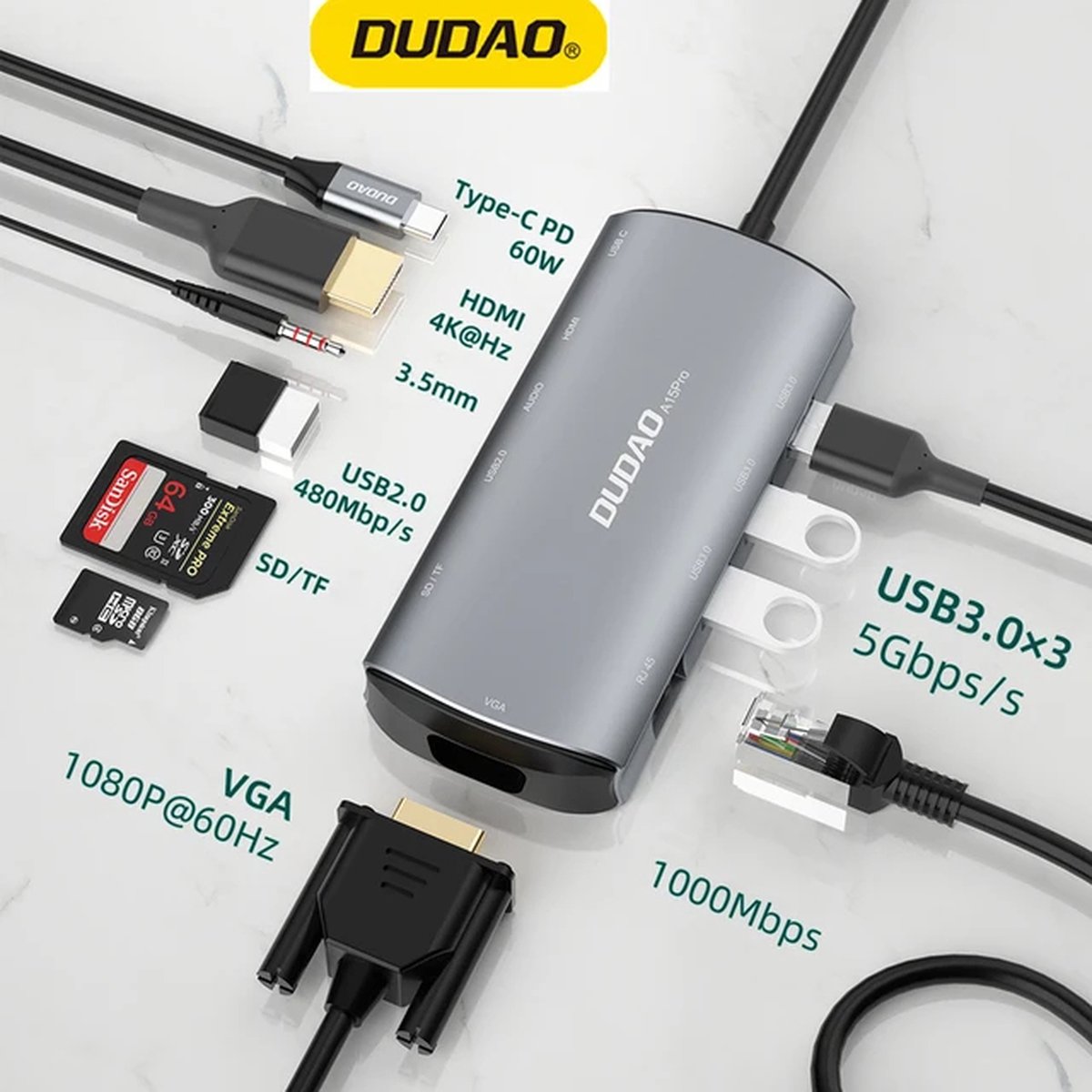 DUDAO A15PRO Laptop Dock USB 3.2 Type-A & Type-C Grijs