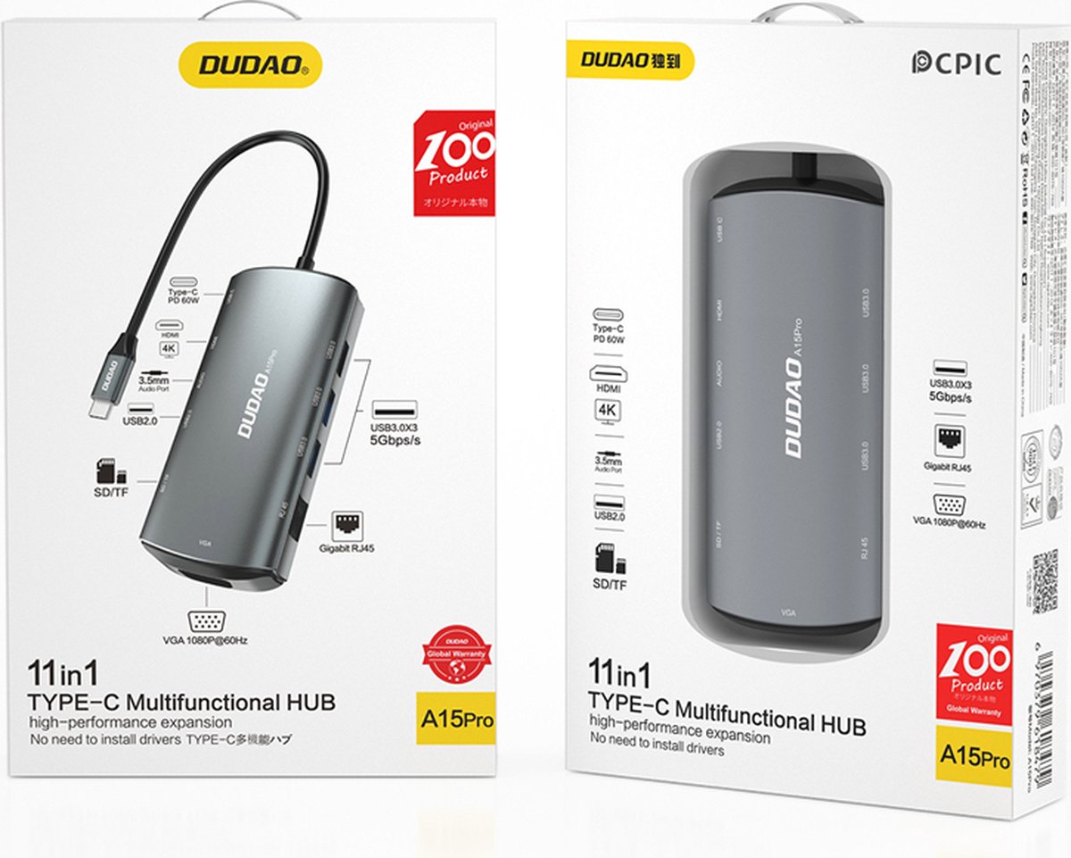 DUDAO A15PRO Laptop Dock USB 3.2 Type-A & Type-C Grijs