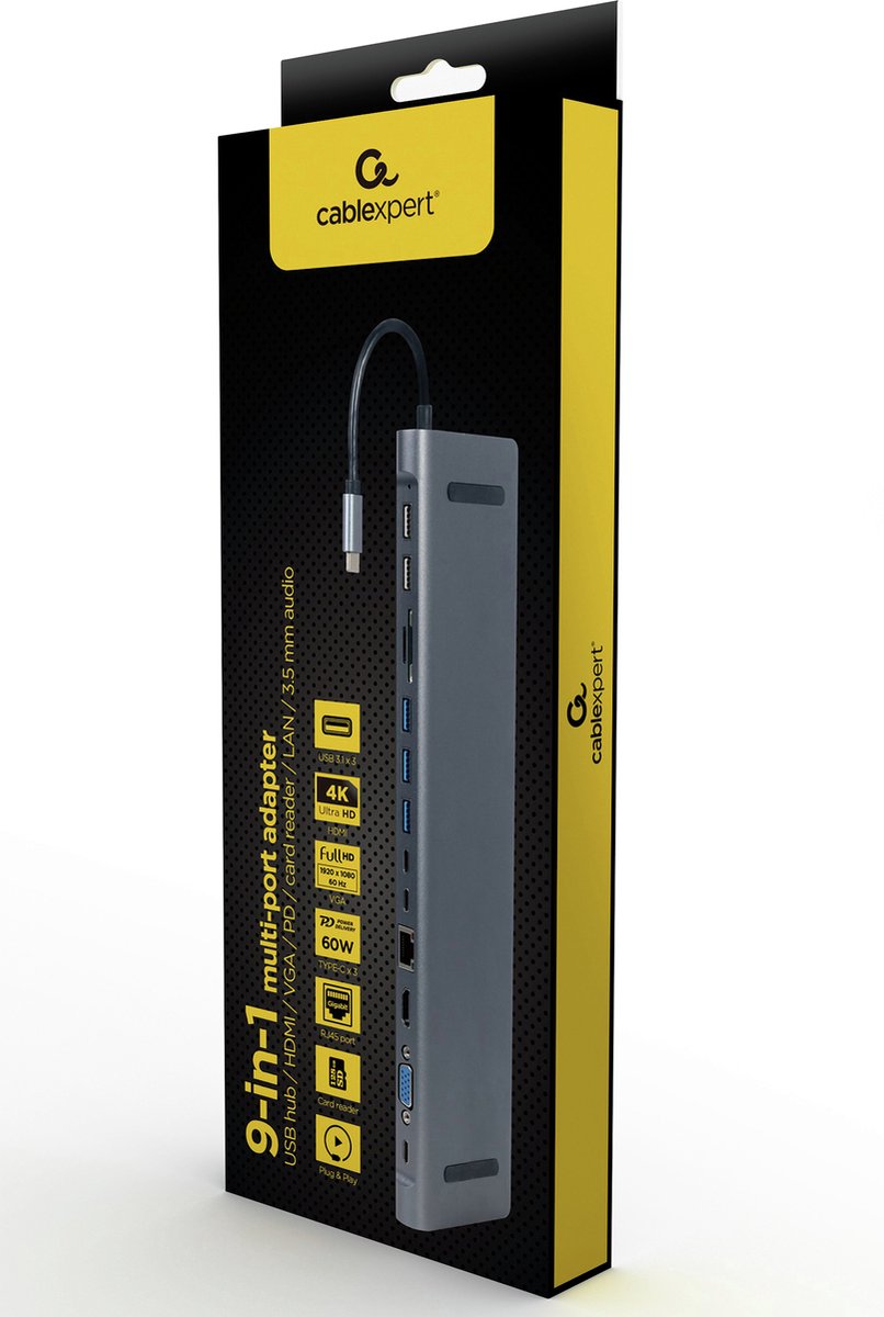 GEMBIRD USB Hub A-CM-COMBO9-01 Grey