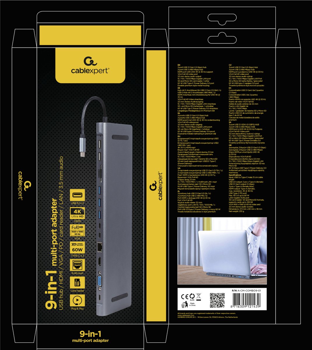 GEMBIRD USB Hub A-CM-COMBO9-01 Grey