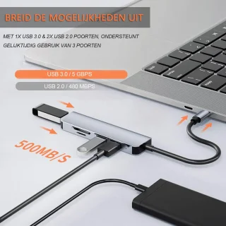 Gloovon USB C Hub 5-in-1 Blauw Titanium