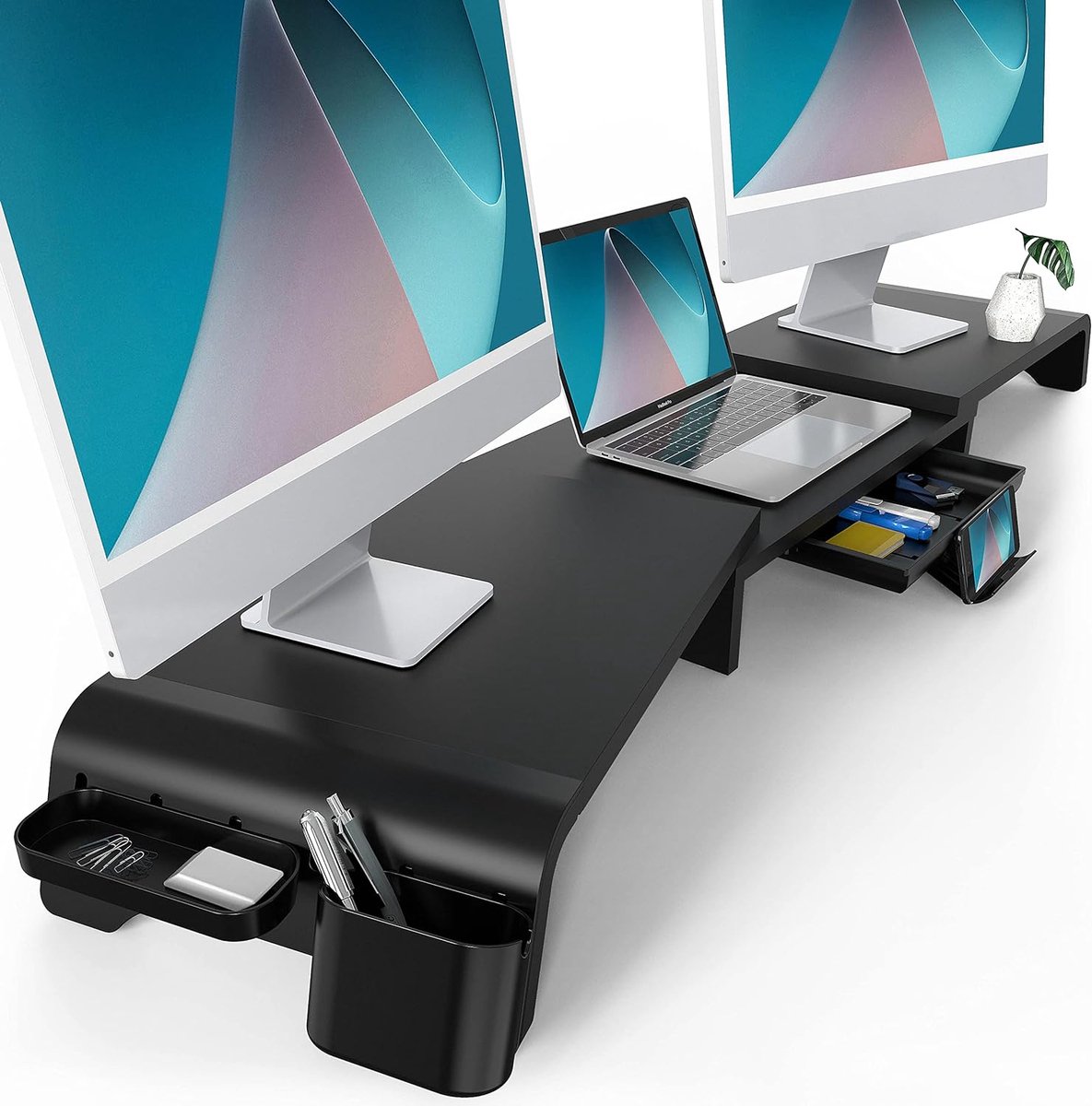 De Houten Monitorstandaard Met Lade En Telefoonhouder Zwart in één oogopslag