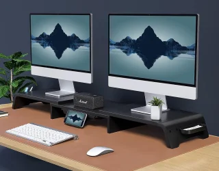 Houten Monitorstandaard Met Lade En Telefoonhouder Zwart