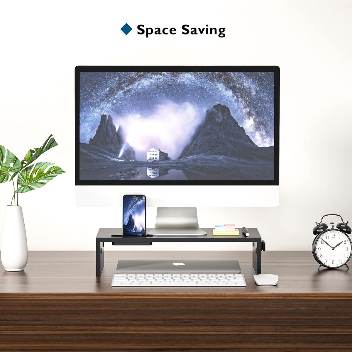 Houten Monitorstandaard met Smartphonehouder en Kabelbeheer