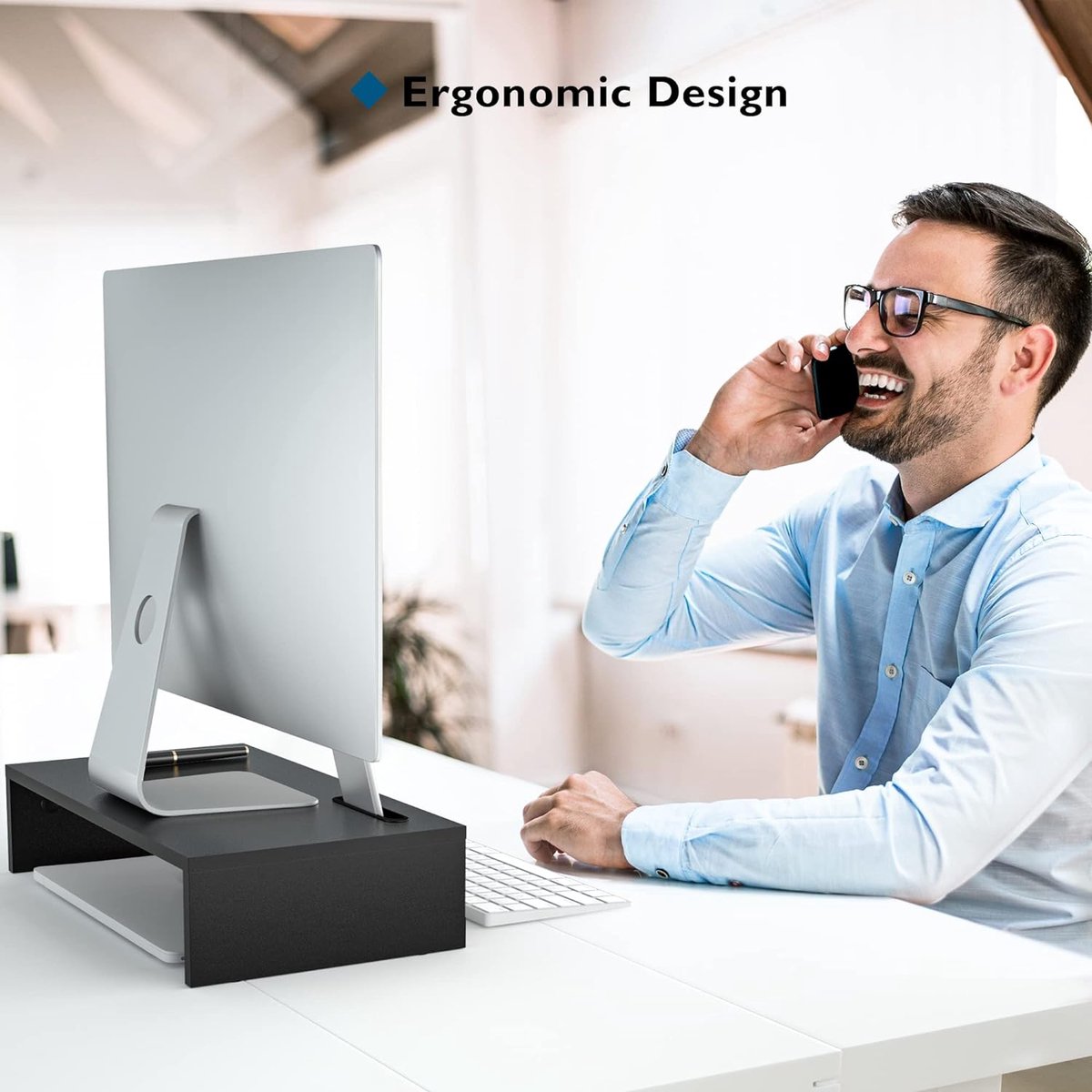 Houten Monitorstandaard met Smartphonehouder en Kabelbeheer