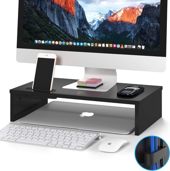 Houten Monitorstandaard met Smartphonehouder en Kabelbeheer