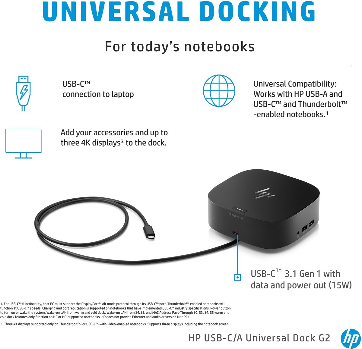 HP 5TW13AA USB-C/A Docking Station G2 Zwart