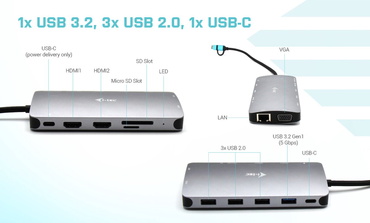 i-Tec USB-C Nano Dock 2x HDMI VGA Ethernet USB-A Kaartlezer USB-C Poort